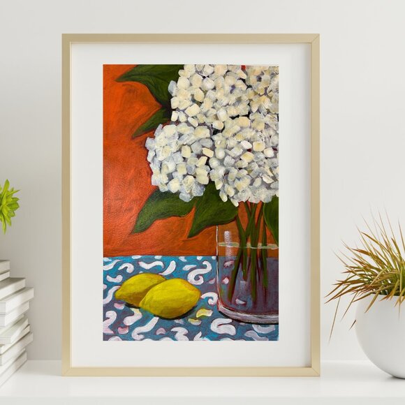 Handmade Other - Original Acrylic Hydrangeas Still Life Painting  Farmhouse Wall Decor Retro Art